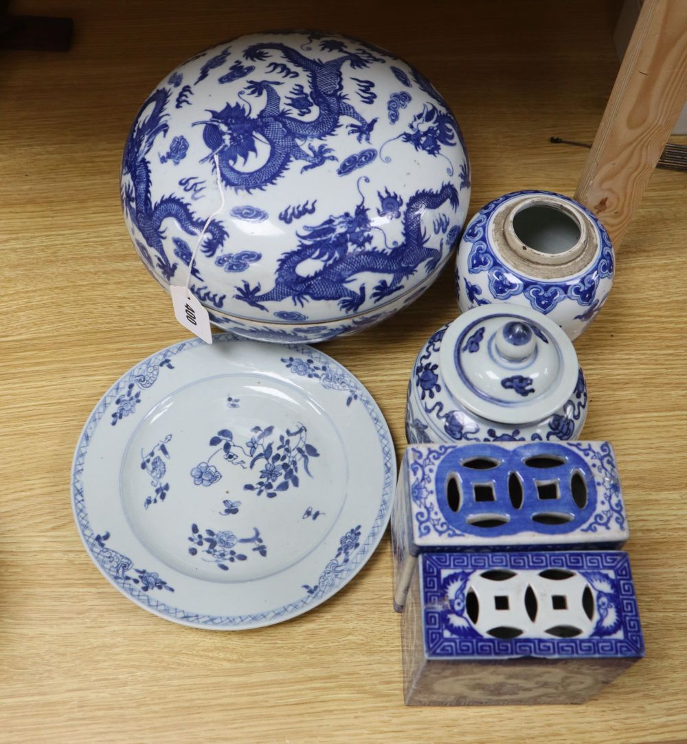 Chinese blue and white porcelain - a dragon box and cover, two jars and one cover, two pillows and a plate